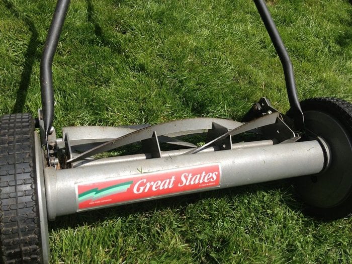 close up look of a reel mower.