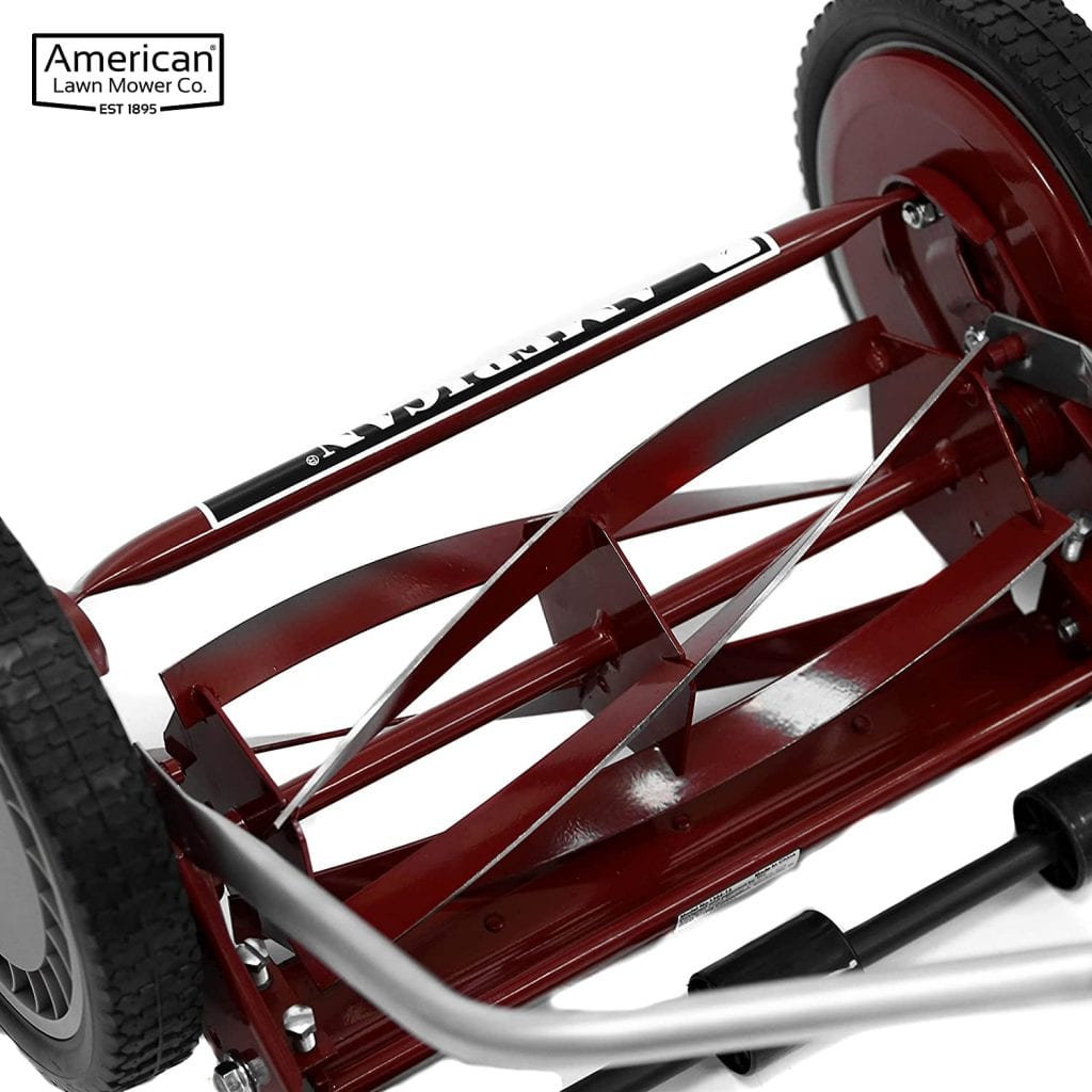 Red reel mower by American Lawn Mower Co. A lawn mower can be great. Red maroon reel mower. Powerful reel trimmer.