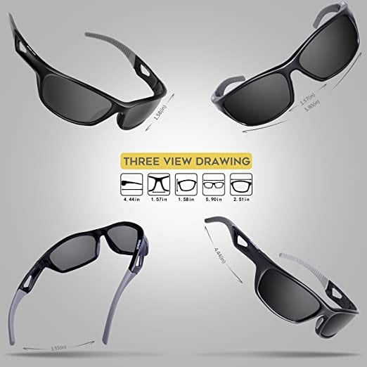 RIVBOS Sunglasses. These sunglasses are mirror-coated and provide 100% UV protection. They’re also impact-resistant. These are sports sunglasses, so they’re extra durable.