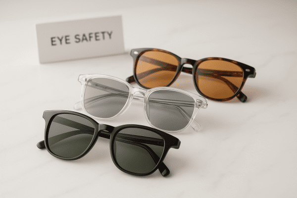 Three pairs of premium sunglasses with different lens materials and subtle tints, highlighting UV protection on a marble table.