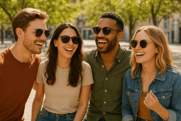 Friends in an urban plaza, each with a unique sunglasses frame, highlighting comfort features in a sunny setting.