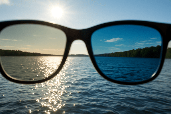 POV through polarized sunglasses at a glistening lake, showing reduced glare and vibrant colors.