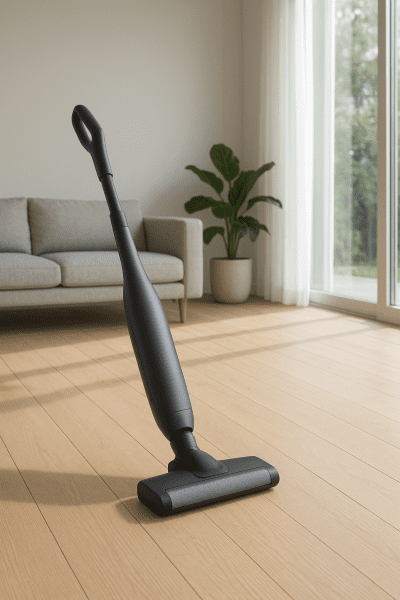 A matte-finish vacuum cleaner glides across light oak hardwood floors in a bright, Scandinavian living room.