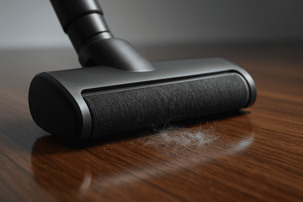 Macro view of vacuum roller brush picking up dust and pet hair from glossy hardwood floor.