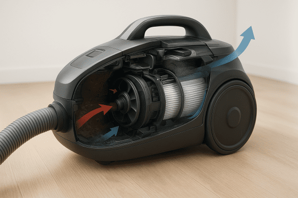Technical cutaway of vacuum cleaner showing HEPA filter and airflow over hardwood flooring.