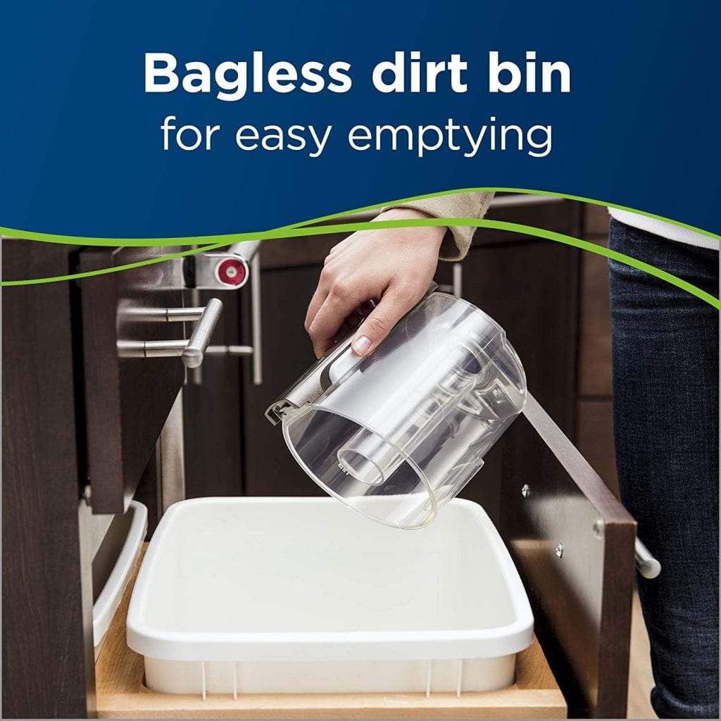 A vacuum that has a bagless dirt bin to make emptying of residue easy