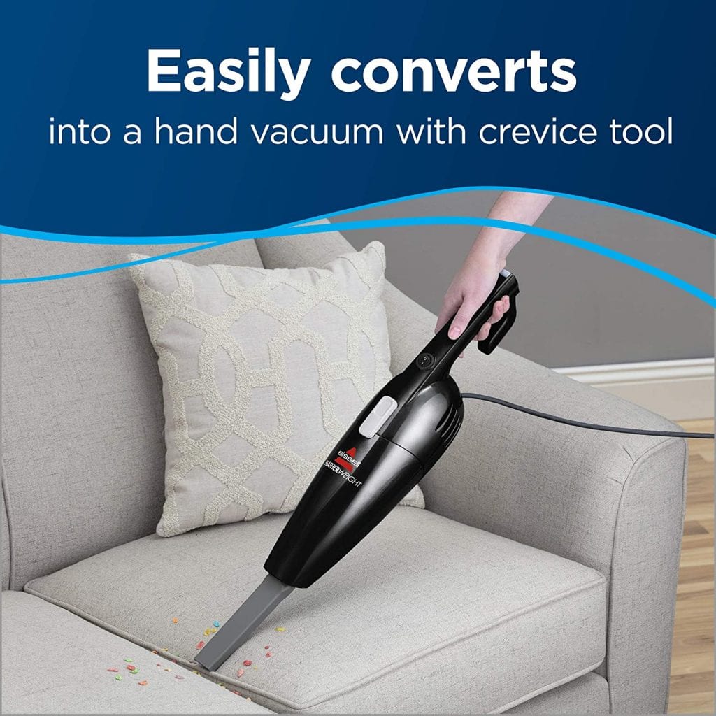 BISSELL Featherweight Stick Lightweight Bagless Vacuum with Crevice Tool, 2033M can easily convert into a hand vacuum with crevice tool