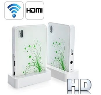 A wireless HDMI router featuring delicate floral designs, with an extended range and a beautiful white and green color palette.