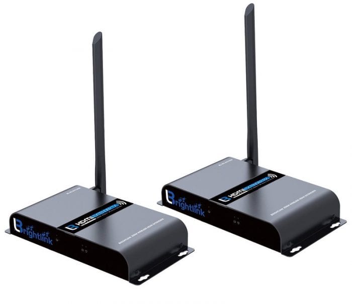 Two of the best wireless HDMI transmitters on a white background, in the style of dark black and dark azure with built-in ports for wireless connectivity