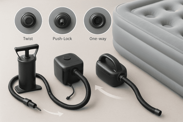 Three air mattress pumps and close-ups of valve types neatly arranged on a neutral tabletop beside a modern air mattress, with arrows showing airflow.