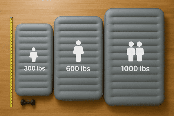 Overhead view of three air mattresses twin, queen, king side by side with icon overlays for weight and chamber count, a measuring tape, and weights.
