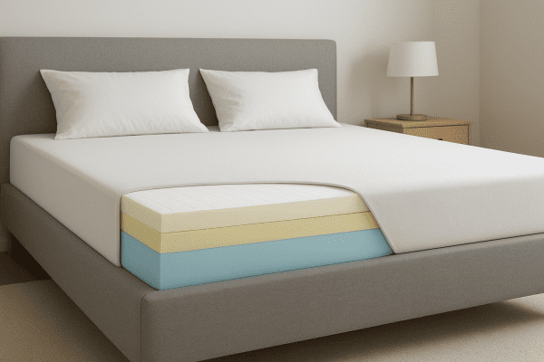 Neatly made bed with a cross-sectioned, affordable mattress showing foam layers and simple bedding in a calm, uncluttered room.