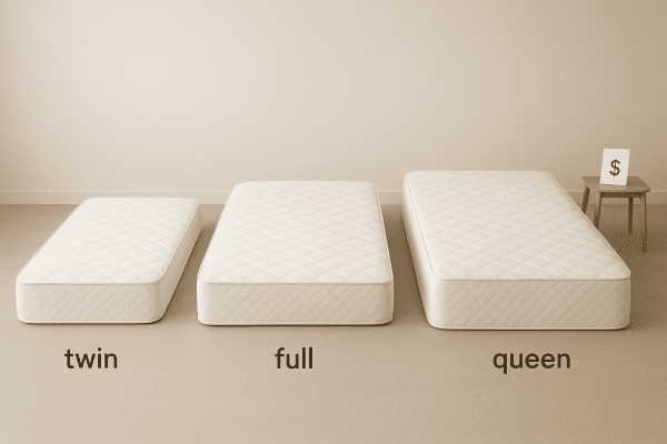 Three budget mattresses in different sizes and thicknesses lined up on a clean floor, with a price tag on a side table.