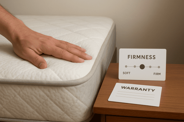 Hand pressing into a budget mattress with a firmness scale and warranty card on a nearby nightstand.