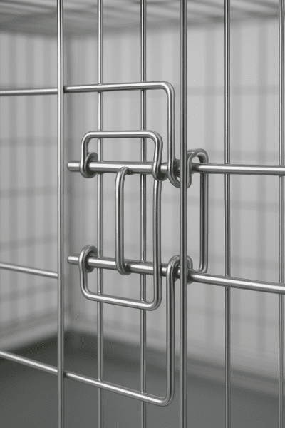 Macro view of a dog crate with double-latch locking system and smooth reinforced hinges, set against a soft neutral background.
