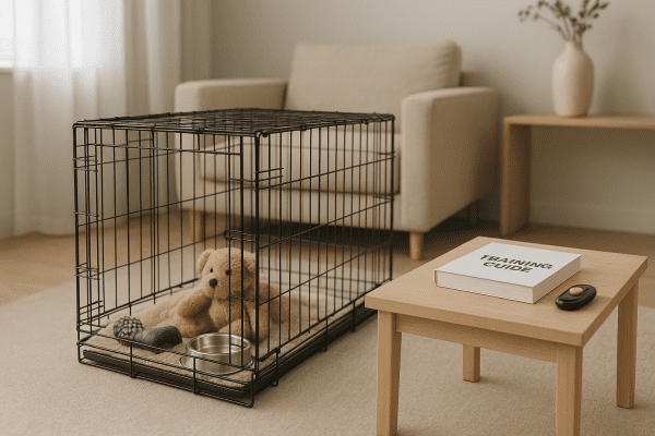 Dog crate with divider, chew toy, water bowl, plush toy, and crate training guidebook in a serene living room.