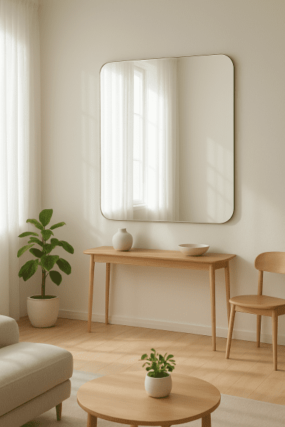 A Scandinavian-style living room featuring a frameless mirror reflecting daylight and visually expanding the space.
