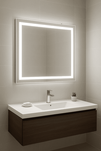 A bathroom with a large LED-bordered mirror securely installed above a minimalist floating vanity.