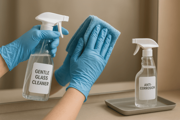 Close-up of hands in microfiber gloves cleaning a spotless mirror with glass cleaner and anti-corrosion spray nearby.