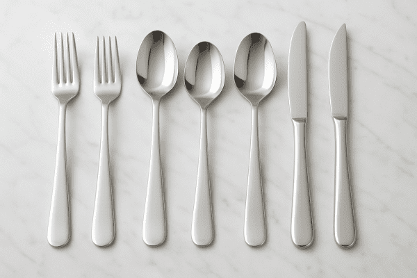 Stainless steel flatware set arranged in lines on a white marble surface, reflecting soft daylight.