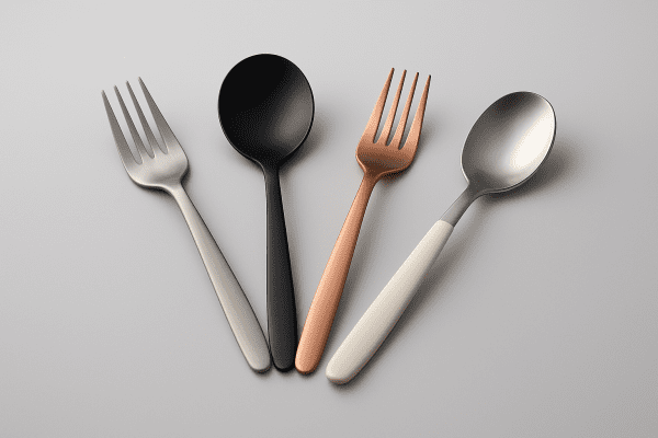 Contemporary flatware in steel, black, rose gold, and ceramic handles, arced on a gray background.