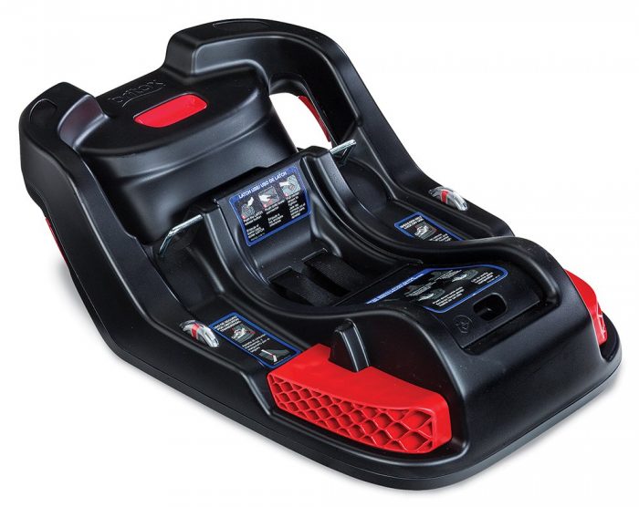 Car seat for an infant: A modern black infant car seat base with red detailing, equipped with LATCH system connectors and a level indicator for proper installation. Perfect infant car seat.