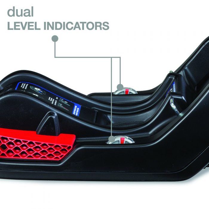 Car seat for an infant: A close-up of a black infant car seat base showcasing dual level indicators for precise installation, accented with red and blue instructional stickers. Perfect infant car seat.
