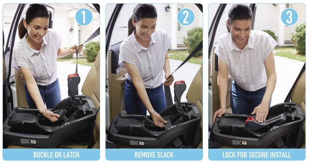 Infant car seat: Three-step instructional sequence showing a woman installing a car seat base in a vehicle: 1) Buckling the LATCH connectors, 2) Pulling the strap to remove slack, 3) Pressing down on the base to lock it for a secure installation. Perfect infant car seat.