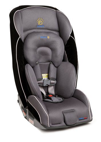 Best car seat for an infant: A forward-facing, gray child car seat with side impact protection, multiple harness slots for growth, and energy-absorbing foam for safety.