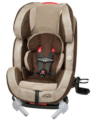 Infant car seat: A convertible Evenflo car seat in brown tones, designed for both rear and forward-facing installations, with red harness release buttons and advanced safety features. Perfect infant car seat.