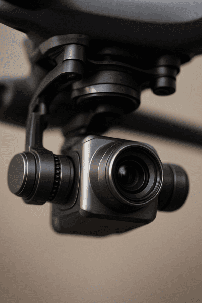 Close-up of a drone's camera and gimbal, highlighting mechanical detail and lens clarity with a blurred background.