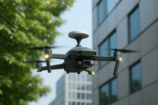 Drone with glowing obstacle sensors and a GPS antenna flies securely near trees and modern buildings.