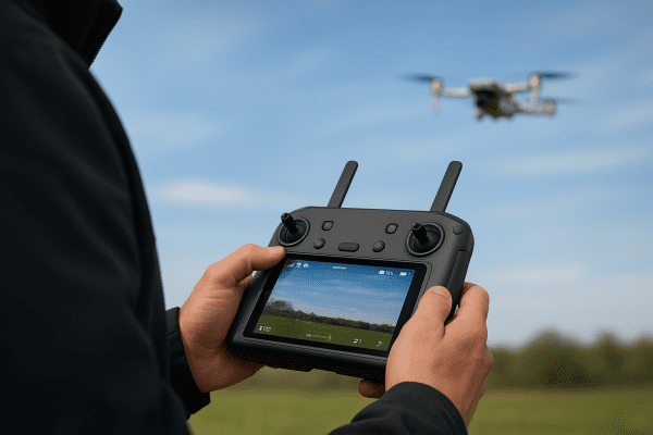 A drone pilot holds a controller with a bright screen displaying strong signal and live video, drone visible flying in sky.