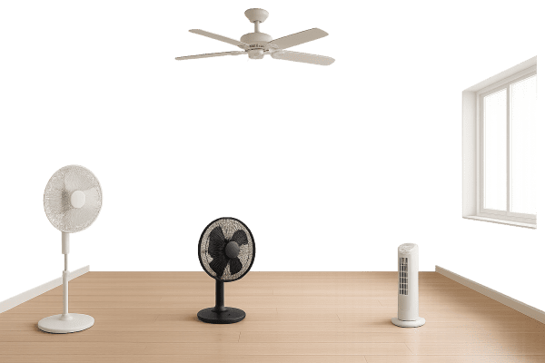 Ceiling, pedestal, and oscillating fans in a modern room, with airflow directions and oscillation demonstrated.