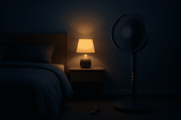 Modern pedestal fan with softly glowing digital controls in a cozy bedroom at night.