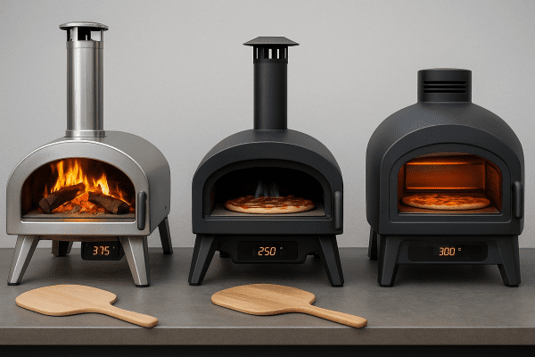 Three modern outdoor pizza ovens wood, gas, electric side by side, each with active flames or heating elements and clear safety features.
