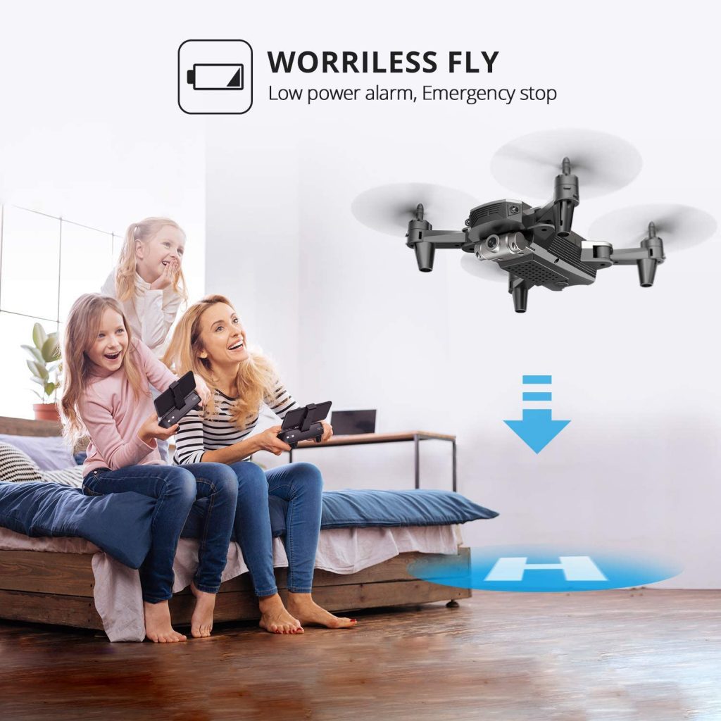 This drone includes many safety features, like propeller guards and emergency stop. It’s capable of doing flips. It also comes with a backup battery.