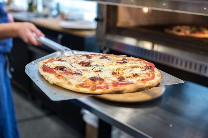 Pizza baked in one of the pizza ovens.