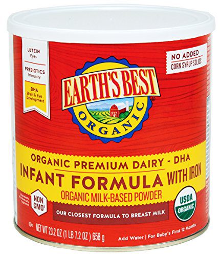 A can of Earth's Best Organic Premium Dairy-DHA Infant Formula with Iron. The can is red and has a white lid. There is also a picture of a baby on the formula can.