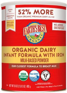 A can of Earth's Best Organic Baby Formula with iron with descriptions about the product on its label. 