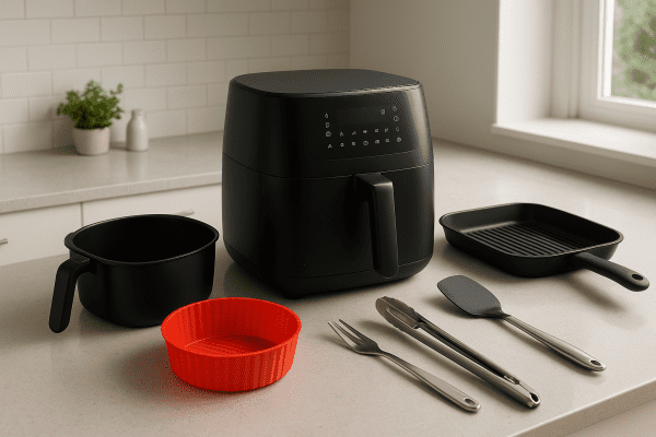 Air fryer with essential accessories including a basket, colorful silicone liner, grill pan, and kitchen tools, neatly arranged on a modern quartz counter.