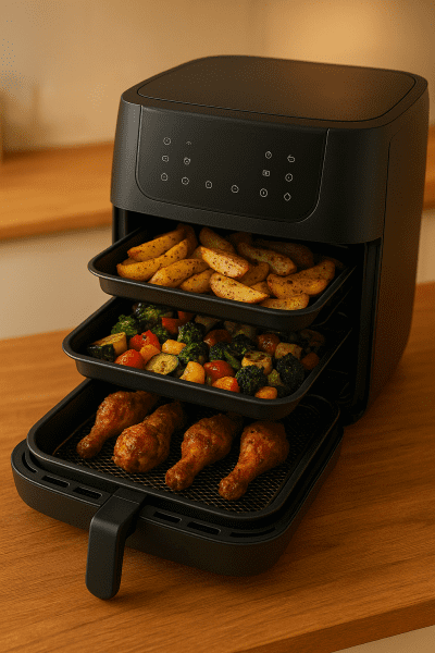 Air fryer with open door featuring a rack, tray, and basket filled with layered foods on a wood counter.