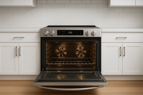 Modern kitchen with advanced range oven, air fryer mode on, convection fans visible.