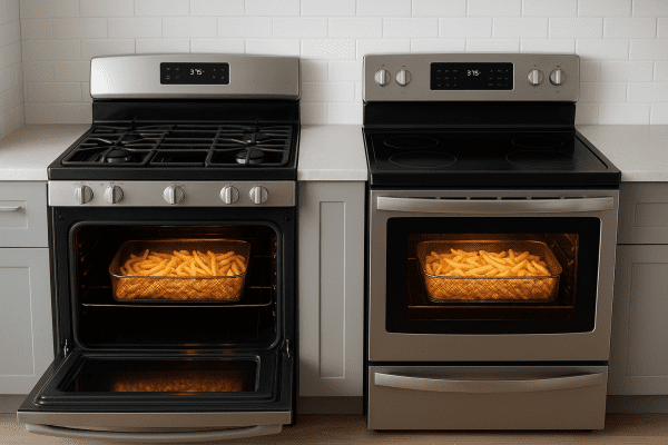 Gas and electric air fryer ranges with open doors, both cooking fries.
