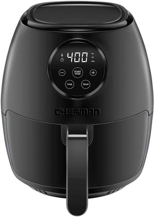 A stylish black air fryer with digital settings