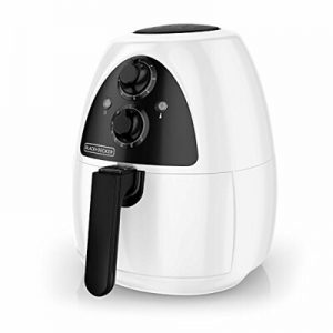 A white and black Black+Decker air fryer with a sleek, rounded design and a front handle. It features two control knobs on the front panel for adjusting temperature and cooking time.