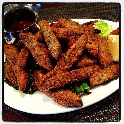 Crunchy Air Fried Mushroom. There is a dipping sauce on the side.