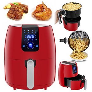 A red digital air fryer that can cook a variety of healthy meals.