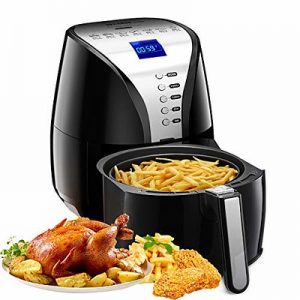 A black air fryer. Different foods like chicken and french fries are shown here.