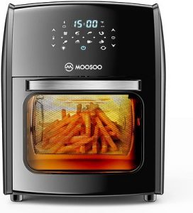 Image of crispy golden fries prepared in one of the best fryers, the Moosoo Air Fryer, showcasing its frying capabilities. The Moosoo logo is visible in the background, highlighting the appliance used for this fried dish.